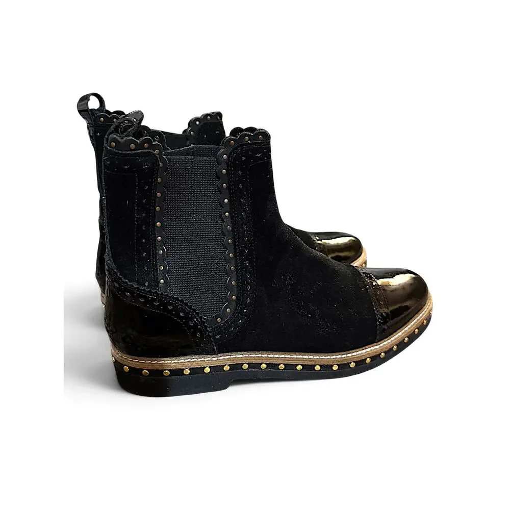 Free People Black Suede Chelsea Ankle Boots | Patent Cap Toe | Size W 41 (US 10)
